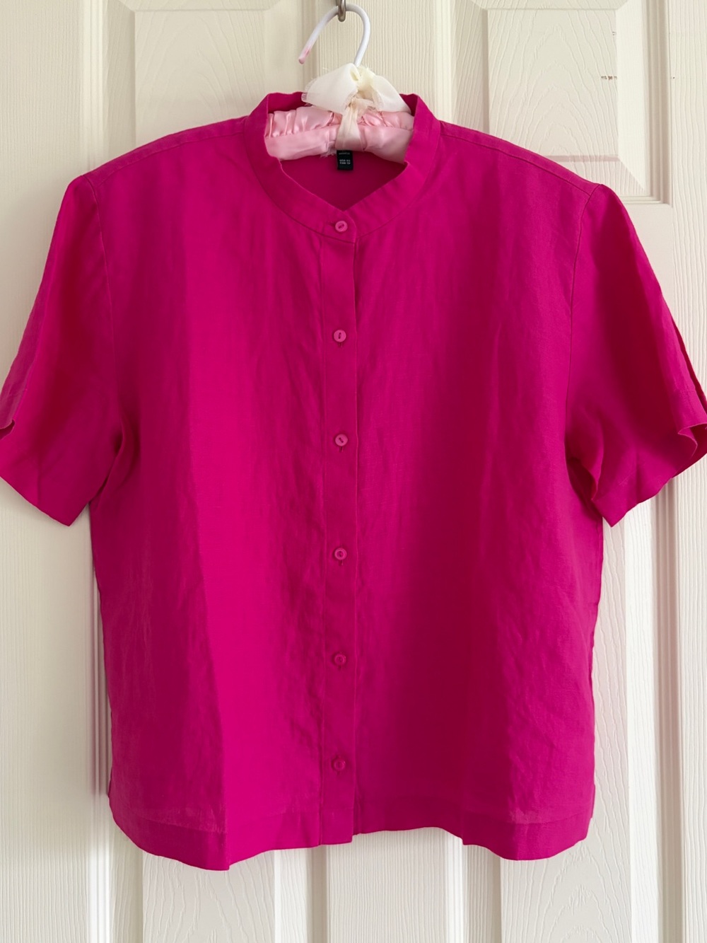 Eileen Fisher Bright Fuchsia Linen Short-Sleeve Button-Down Top Women Size Small